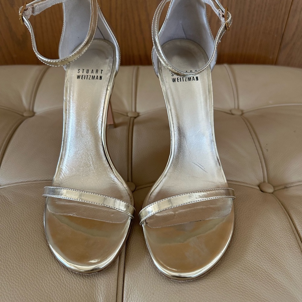 Stuart Weitzman Shimmering Gold Ankle Strap Heels